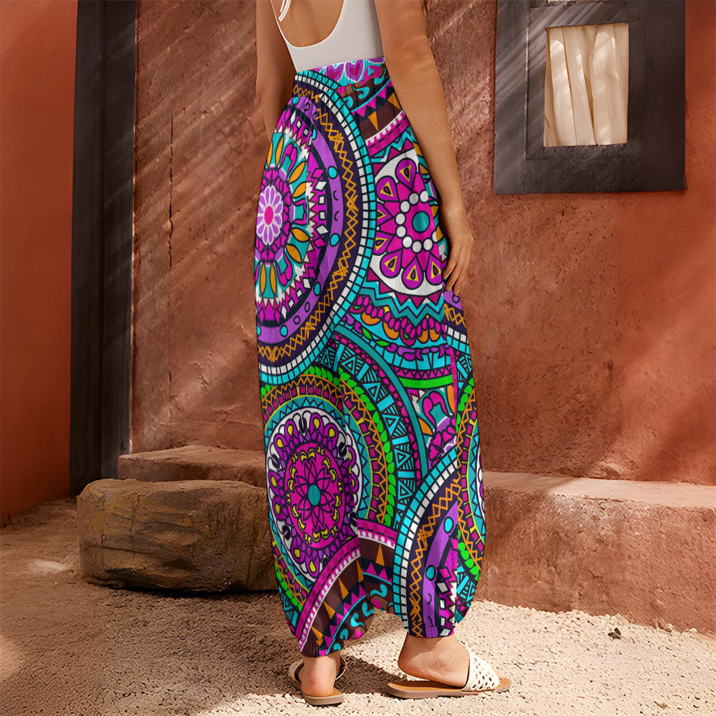 Purple Teal Circle Mandala Print Harem Pants
