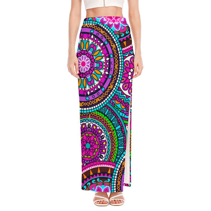 Purple Teal Circle Mandala Print High Slit Maxi Skirt