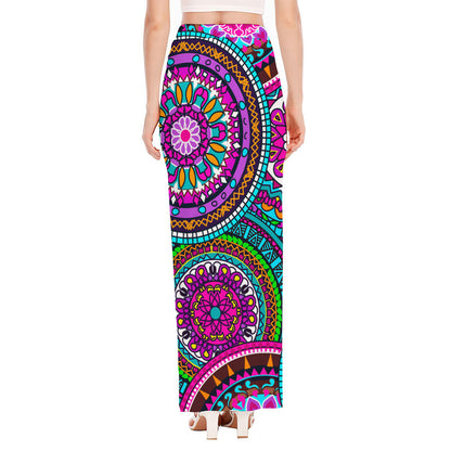 Purple Teal Circle Mandala Print High Slit Maxi Skirt