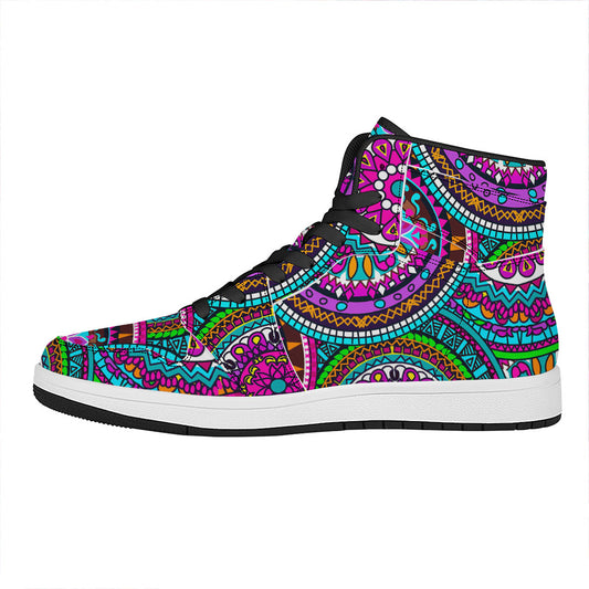 Purple Teal Circle Mandala Print High Top Leather Sneakers