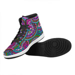Purple Teal Circle Mandala Print High Top Leather Sneakers