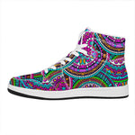 Purple Teal Circle Mandala Print High Top Leather Sneakers