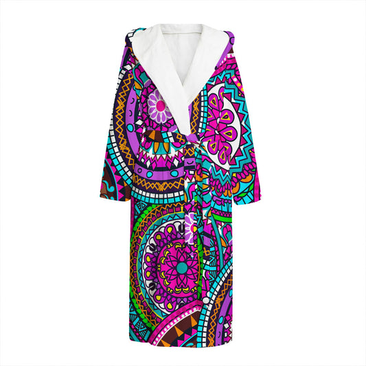 Purple Teal Circle Mandala Print Hooded Bathrobe