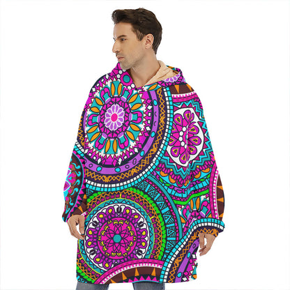 Purple Teal Circle Mandala Print Hoodie Blanket