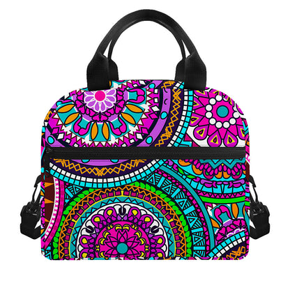 Purple Teal Circle Mandala Print Insulated Lunch Bag