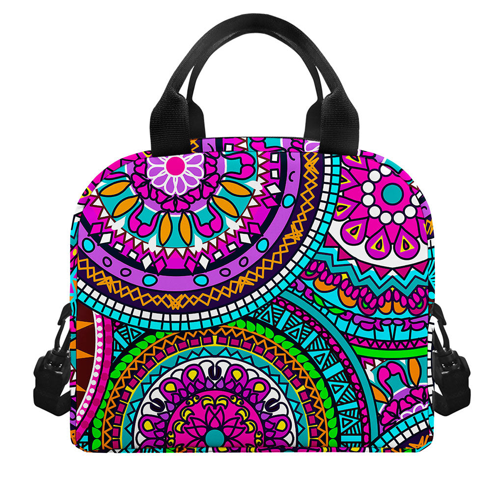 Purple Teal Circle Mandala Print Insulated Lunch Bag