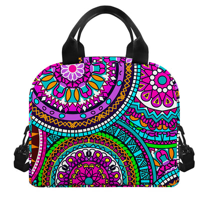 Purple Teal Circle Mandala Print Insulated Lunch Bag