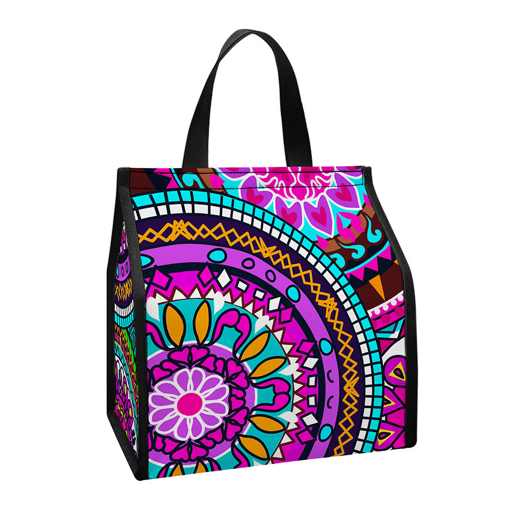 Purple Teal Circle Mandala Print Insulated Lunch Tote