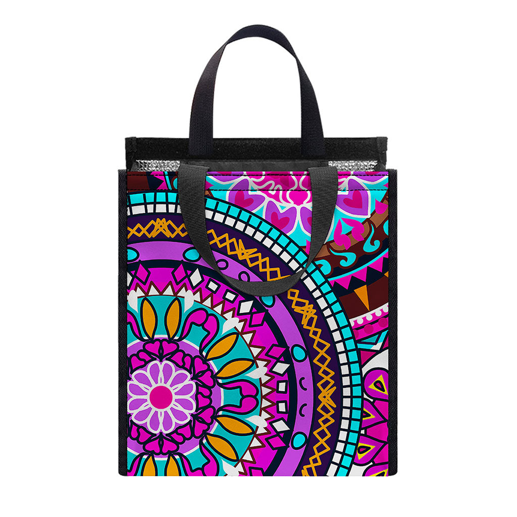 Purple Teal Circle Mandala Print Insulated Lunch Tote