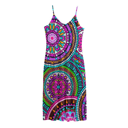Purple Teal Circle Mandala Print Jersey Midi Cami Dress