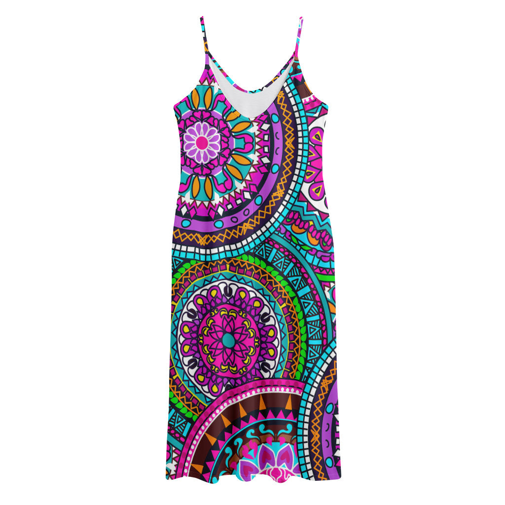 Purple Teal Circle Mandala Print Jersey Midi Cami Dress