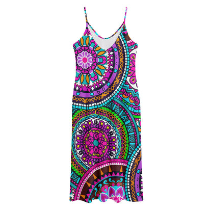 Purple Teal Circle Mandala Print Jersey Midi Cami Dress