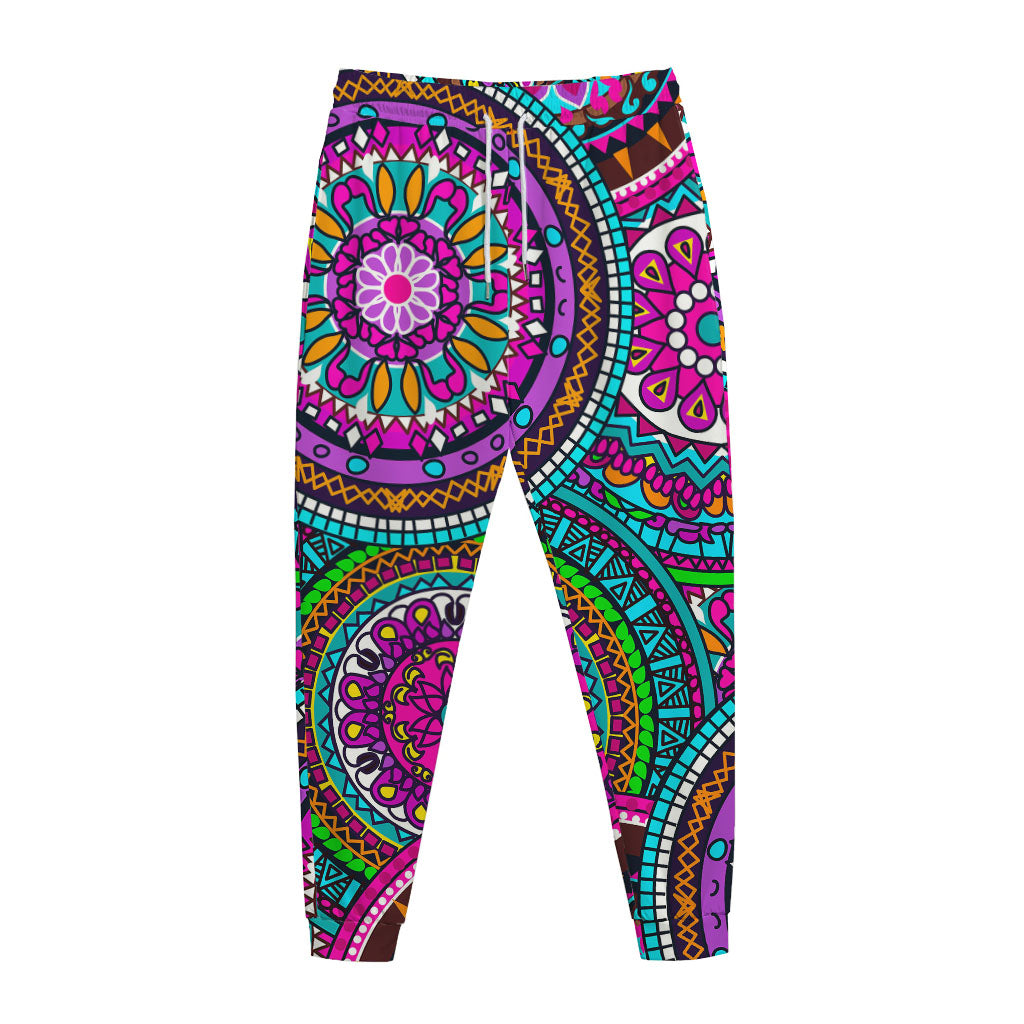 Purple Teal Circle Mandala Print Jogger Pants