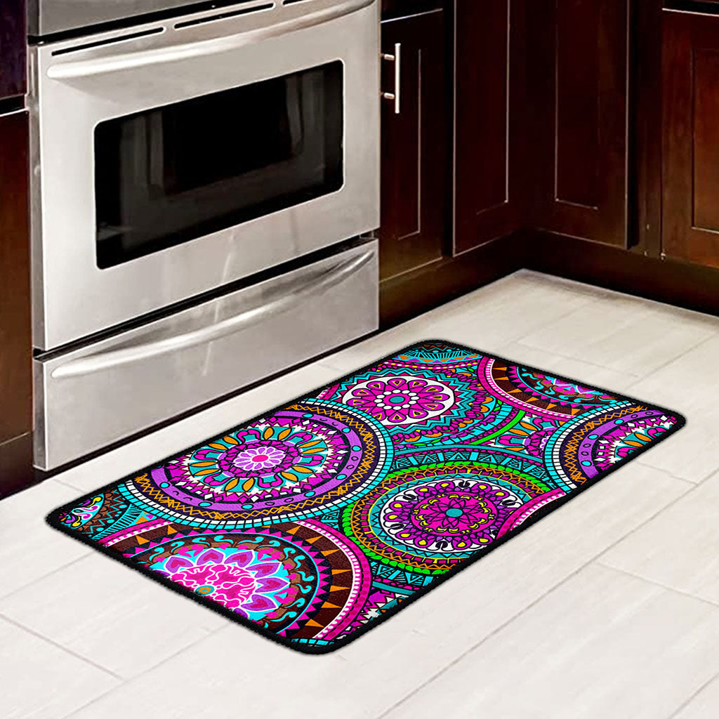 Purple Teal Circle Mandala Print Kitchen Mat