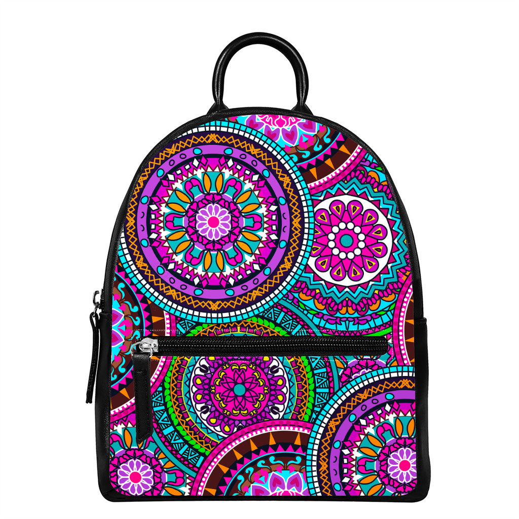Purple Teal Circle Mandala Print Leather Backpack