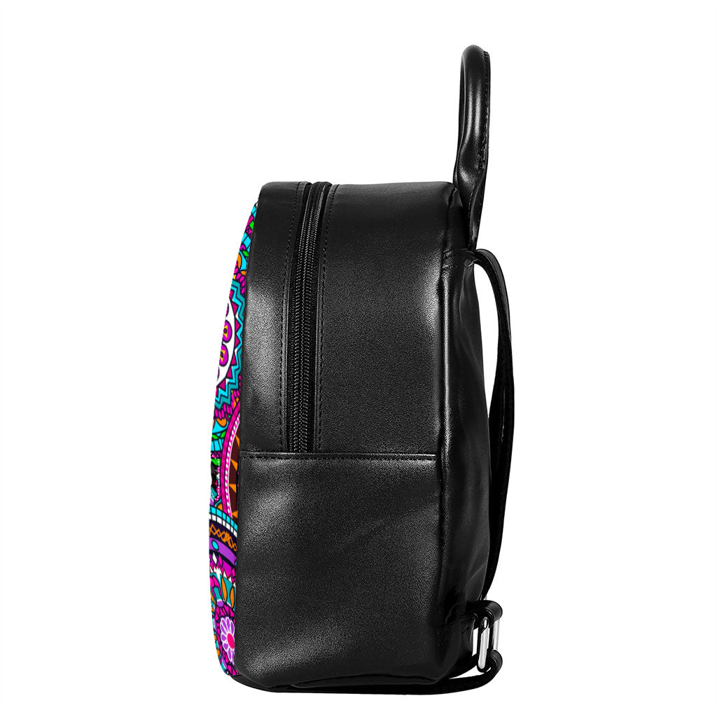 Purple Teal Circle Mandala Print Leather Backpack