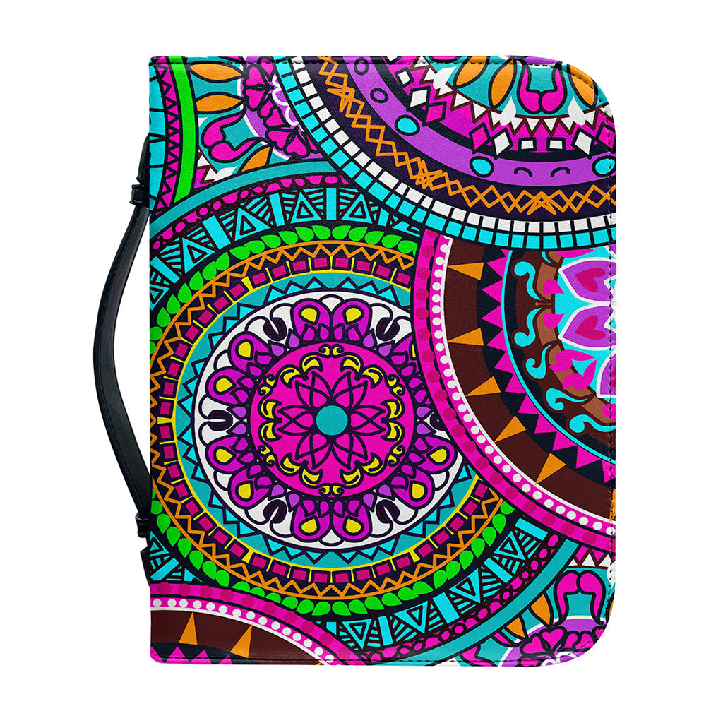 Purple Teal Circle Mandala Print Leather Bible Cover