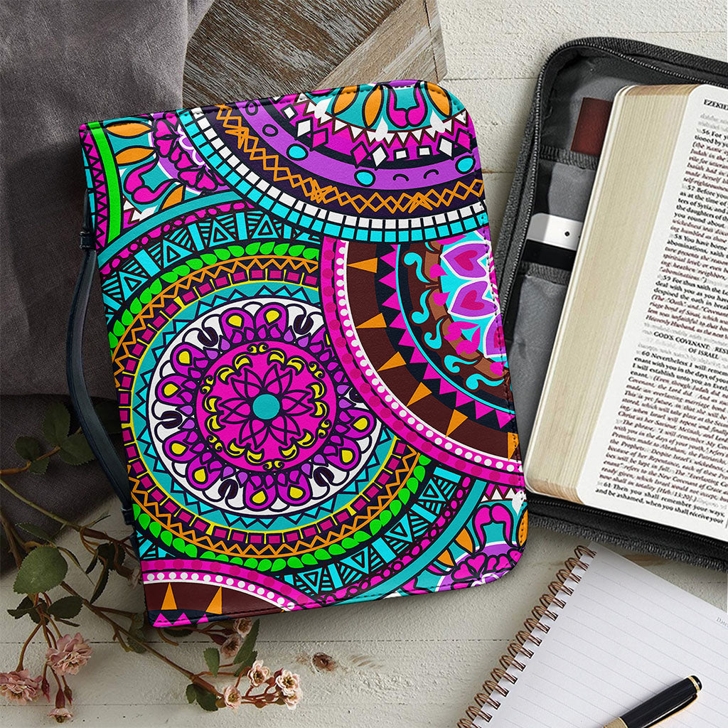 Purple Teal Circle Mandala Print Leather Bible Cover
