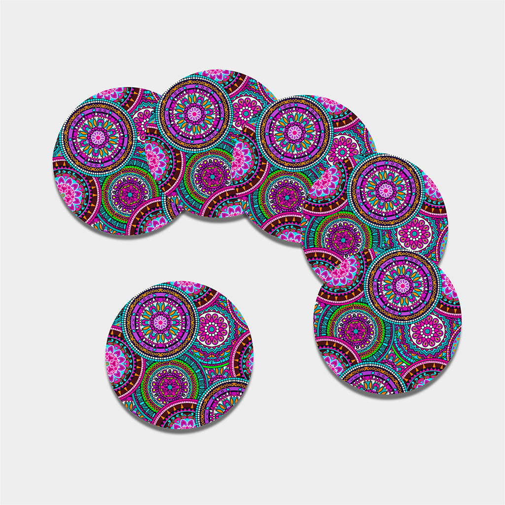 Purple Teal Circle Mandala Print Leather Coaster Set