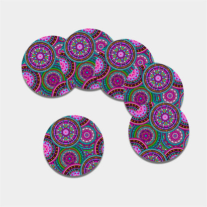 Purple Teal Circle Mandala Print Leather Coaster Set