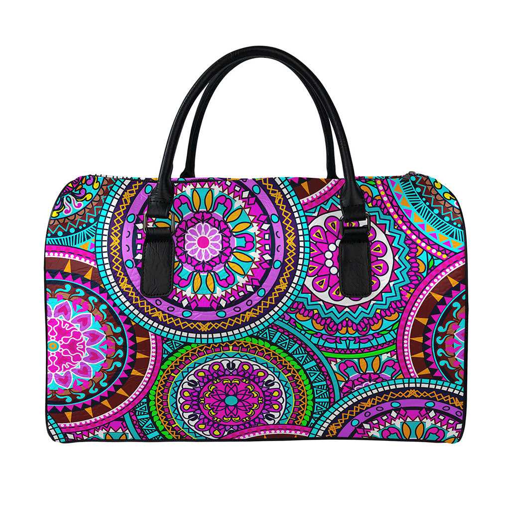 Purple Teal Circle Mandala Print Leather Duffle Bag