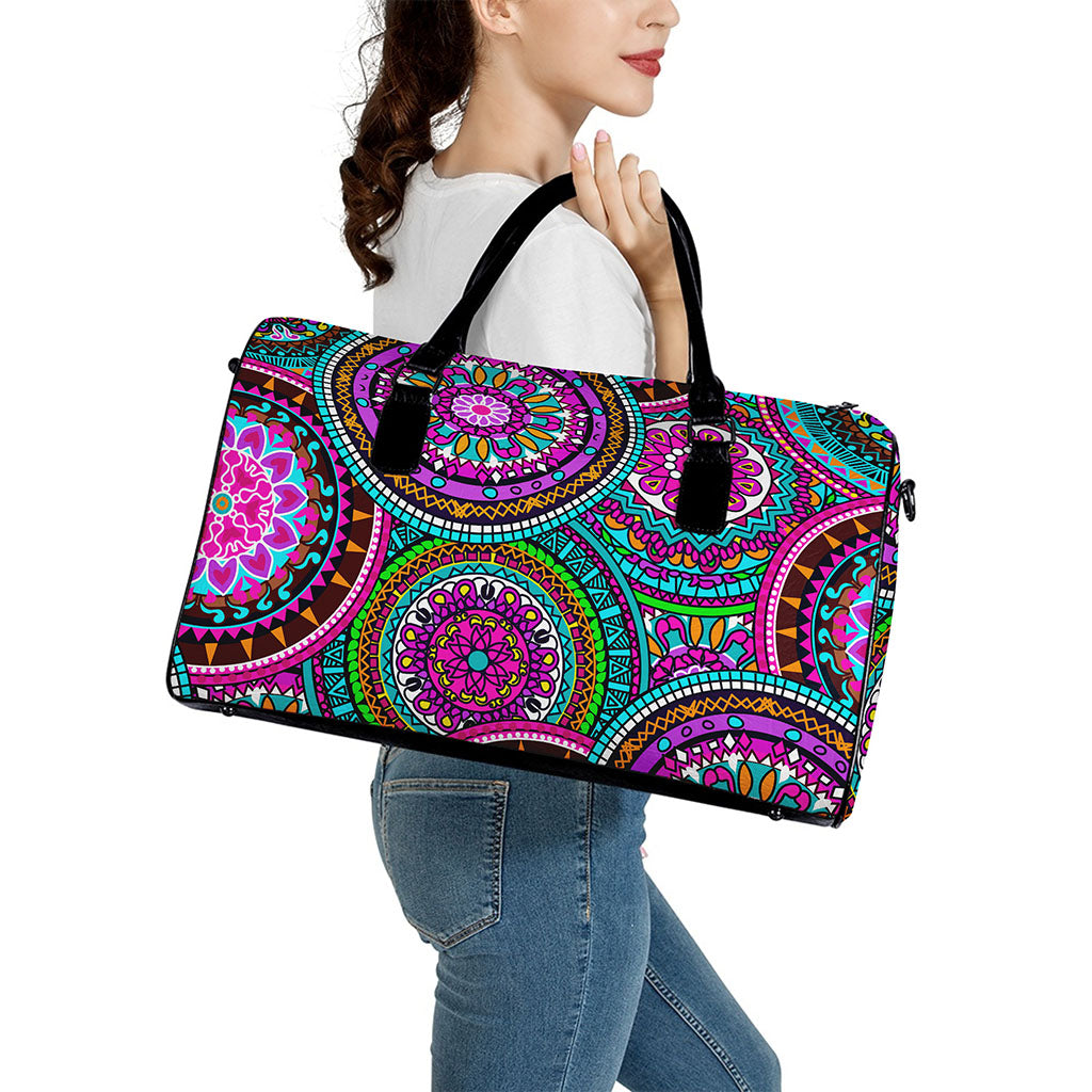 Purple Teal Circle Mandala Print Leather Duffle Bag