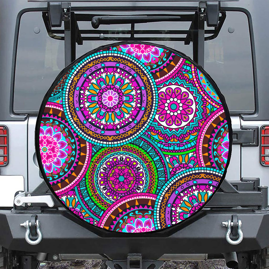 Purple Teal Circle Mandala Print Leather Spare Tire Cover