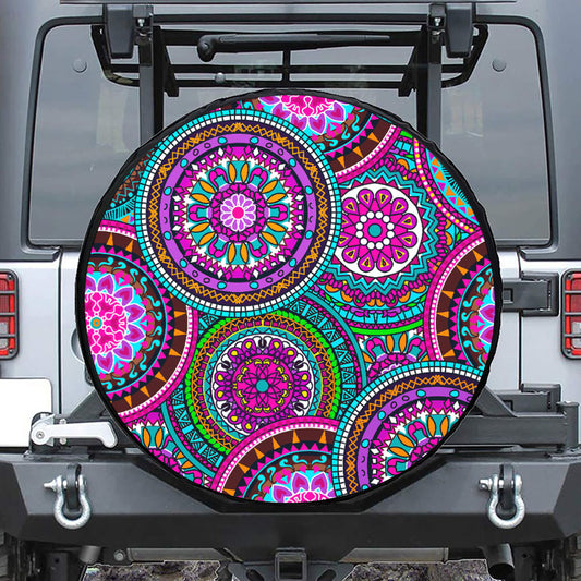 Purple Teal Circle Mandala Print Leather Spare Tire Cover