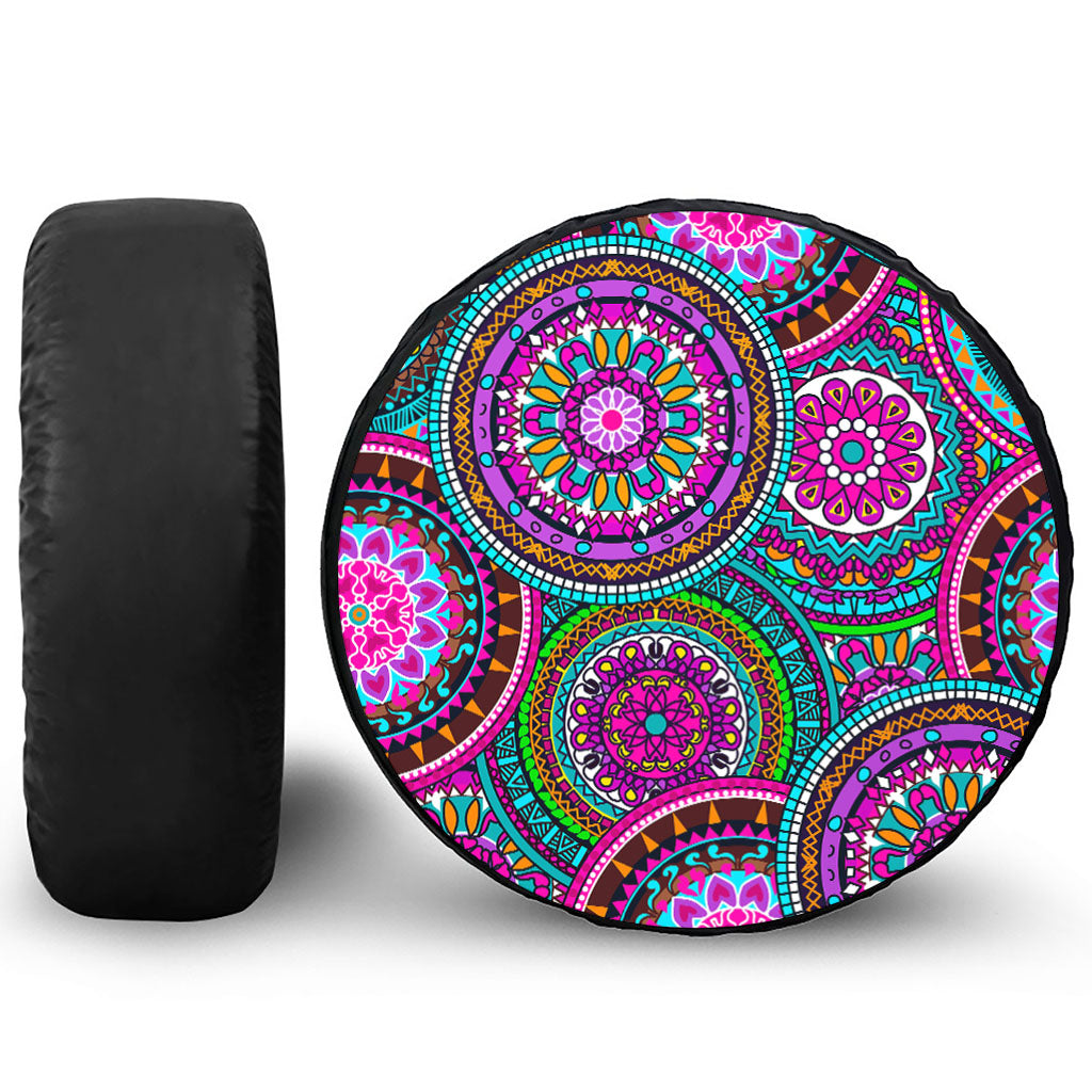 Purple Teal Circle Mandala Print Leather Spare Tire Cover