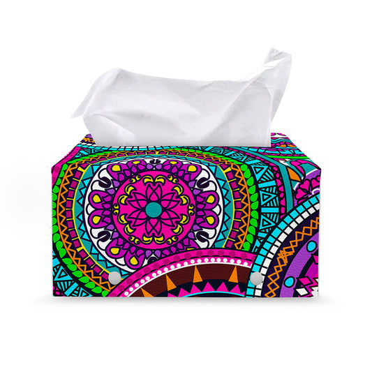 Purple Teal Circle Mandala Print Leather Tissue Box Cover