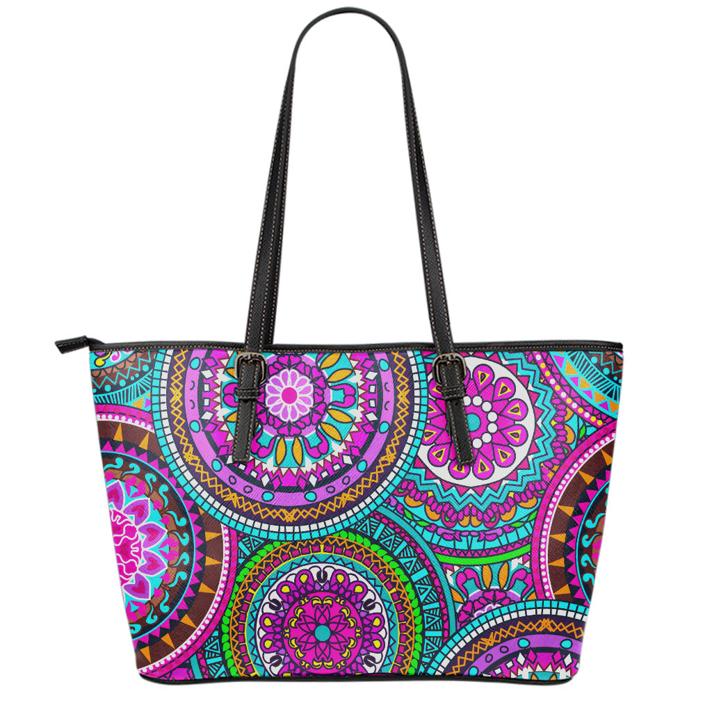 Purple Teal Circle Mandala Print Leather Tote Bag