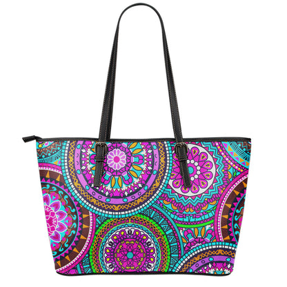 Purple Teal Circle Mandala Print Leather Tote Bag