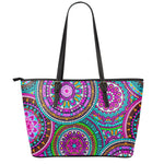 Purple Teal Circle Mandala Print Leather Tote Bag