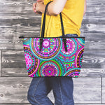 Purple Teal Circle Mandala Print Leather Tote Bag