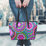 Purple Teal Circle Mandala Print Leather Tote Bag