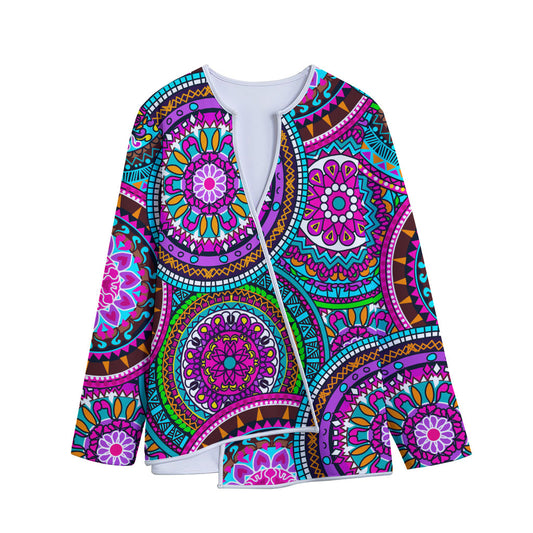 Purple Teal Circle Mandala Print Long Sleeve Short Coat