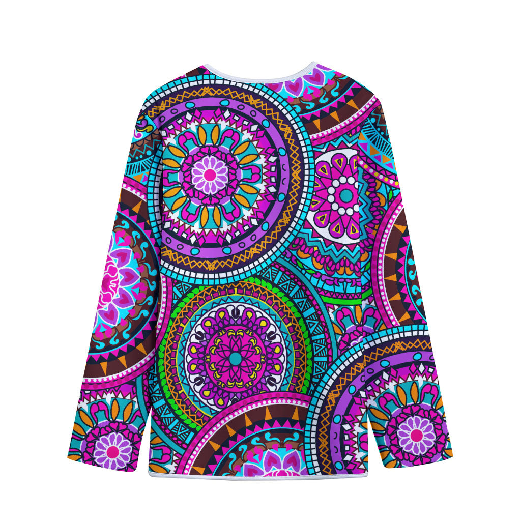 Purple Teal Circle Mandala Print Long Sleeve Short Coat