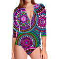 Purple Teal Circle Mandala Print Long Sleeve Swimsuit
