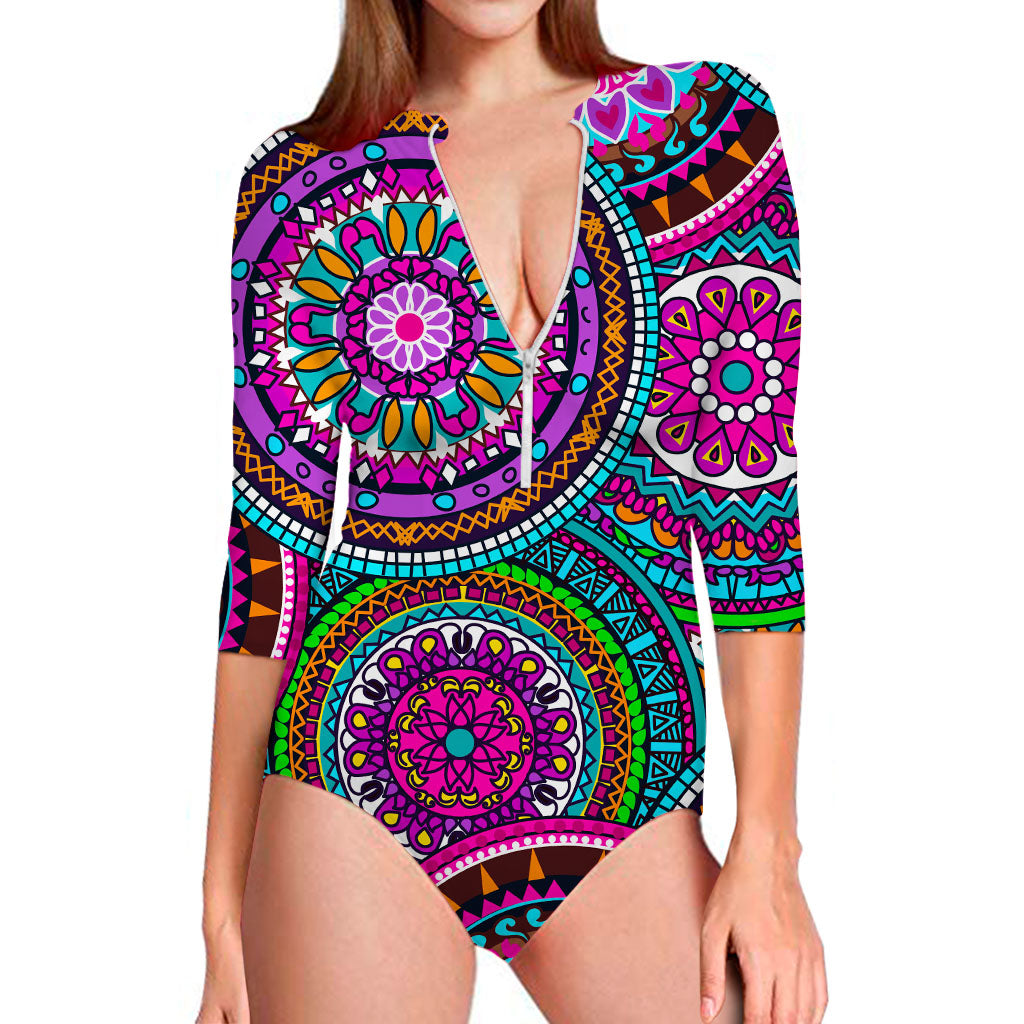 Purple Teal Circle Mandala Print Long Sleeve Swimsuit