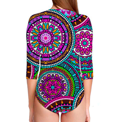 Purple Teal Circle Mandala Print Long Sleeve Swimsuit