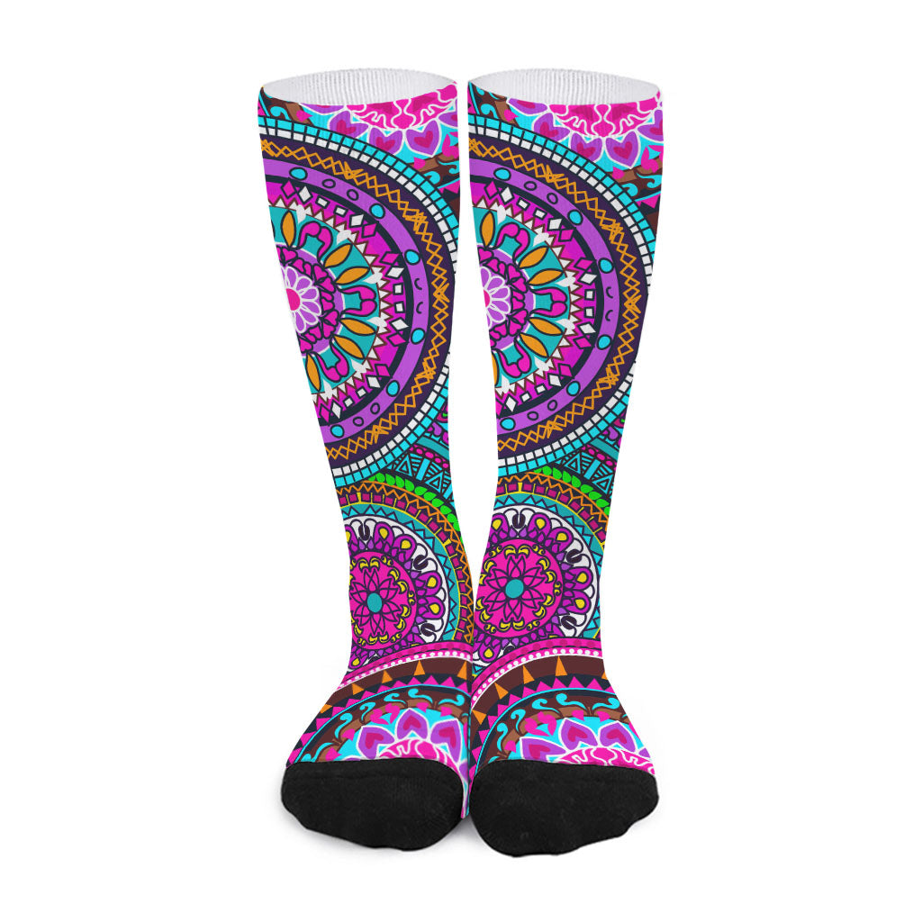 Purple Teal Circle Mandala Print Long Socks