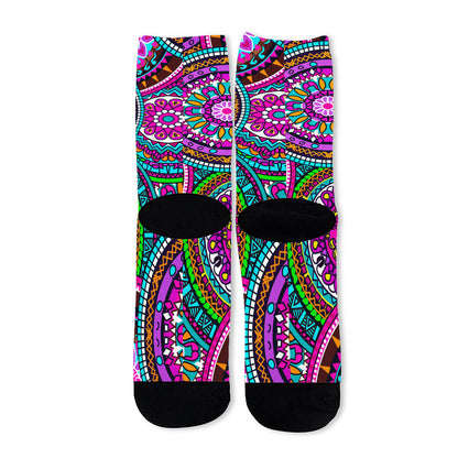 Purple Teal Circle Mandala Print Long Socks