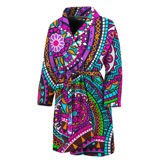 Purple Teal Circle Mandala Print Men's Bathrobe