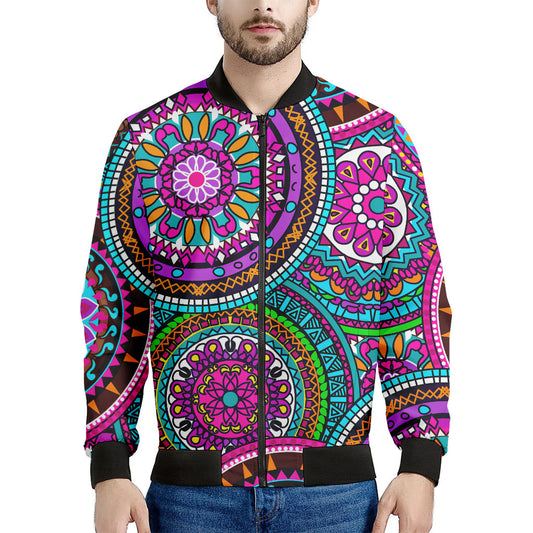 Purple Teal Circle Mandala Print Men's Bomber Jacket