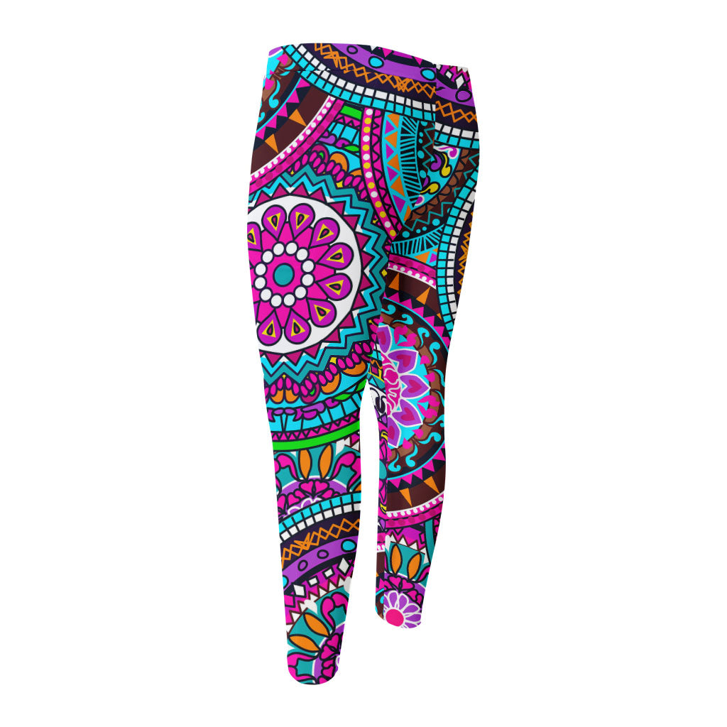 Purple Teal Circle Mandala Print Men's Compression Pants