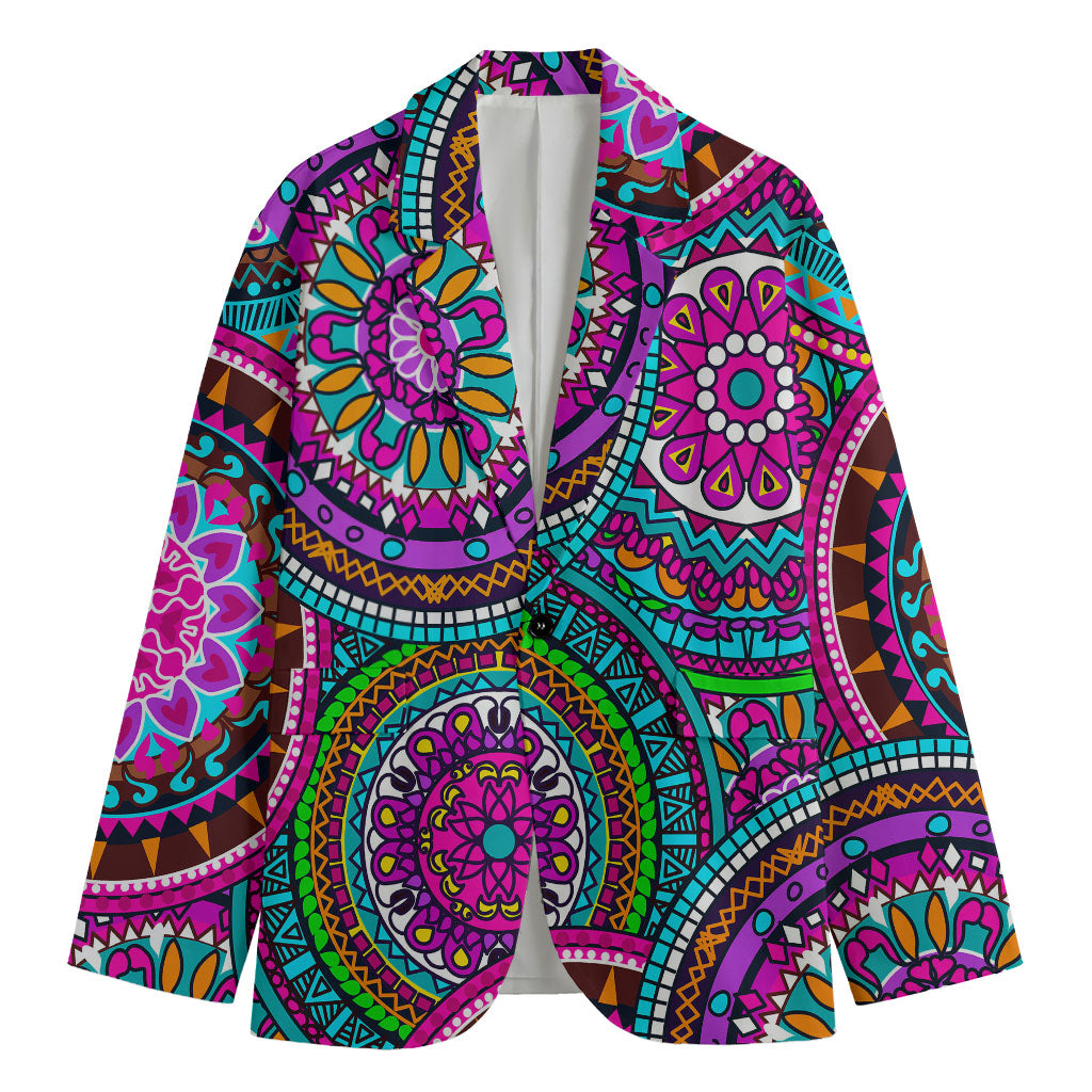 Purple Teal Circle Mandala Print Men's Cotton Blazer
