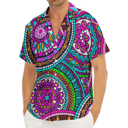 Purple Teal Circle Mandala Print Men's Deep V-Neck Shirt