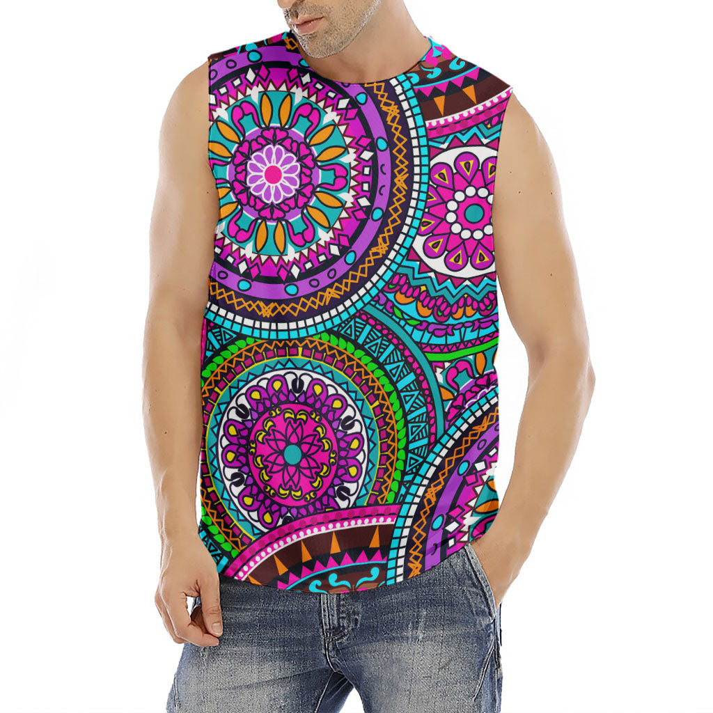 Purple Teal Circle Mandala Print Men's Fitness Tank Top