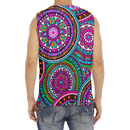 Purple Teal Circle Mandala Print Men's Fitness Tank Top