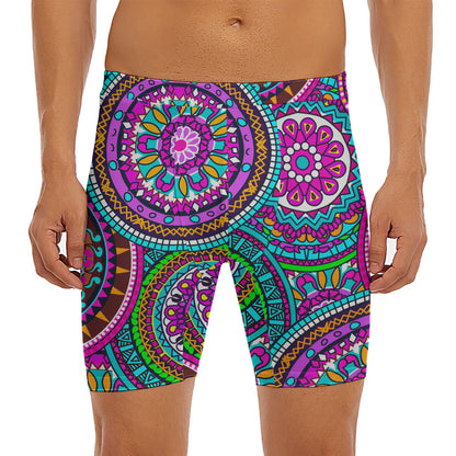 Purple Teal Circle Mandala Print Men's Long Boxer Briefs